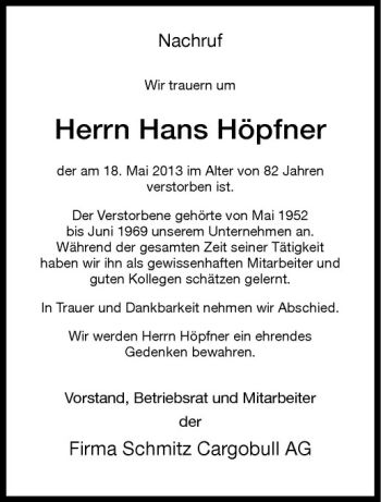 Anzeige von Hans Höpfner von Westfälische Nachrichten