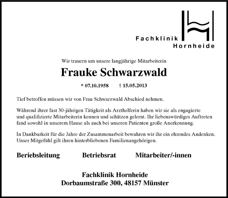  Traueranzeige für Frauke Schwarzwald vom 25.05.2013 aus Westfälische Nachrichten