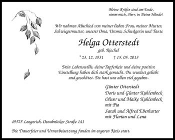 Anzeige von Helga Otterstedt von Westfälische Nachrichten