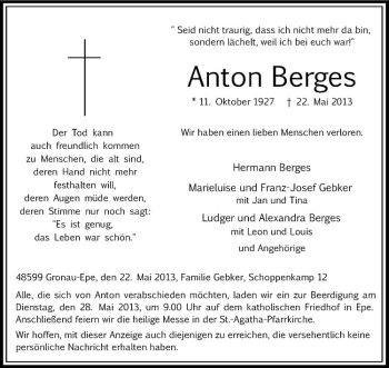 Anzeige von Anton Berges von Westfälische Nachrichten