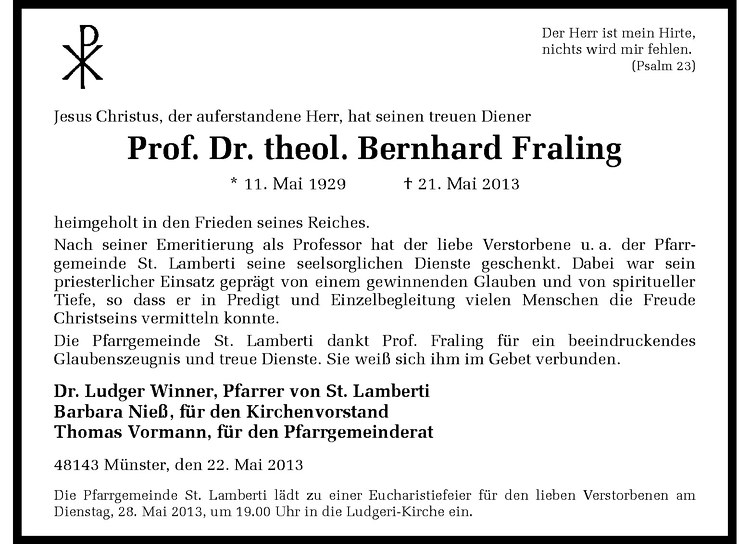  Traueranzeige für Bernhard Fraling vom 25.05.2013 aus Westfälische Nachrichten