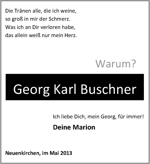  Traueranzeige für Georg Buschner vom 25.05.2013 aus Westfälische Nachrichten