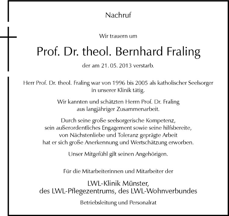  Traueranzeige für Bernhard Fraling vom 25.05.2013 aus Westfälische Nachrichten