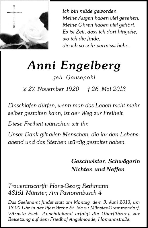  Traueranzeige für Anni Engelberg vom 01.06.2013 aus Westfälische Nachrichten