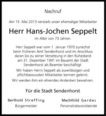 Anzeige von Hans-Jochen Seppelt von Westfälische Nachrichten