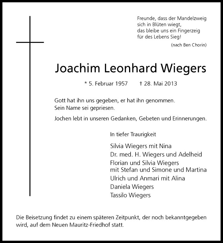  Traueranzeige für Joachim Leonhard Wiegers vom 01.06.2013 aus Westfälische Nachrichten