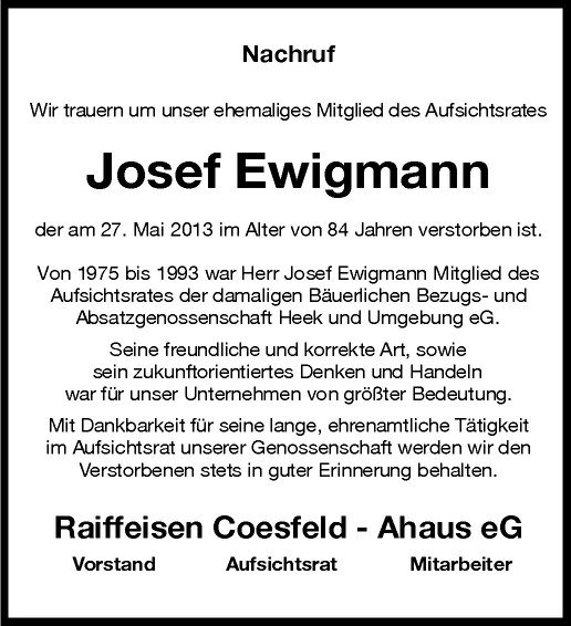  Traueranzeige für Josef Ewigmann vom 01.06.2013 aus Westfälische Nachrichten