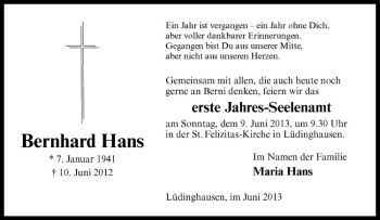 Anzeige von Bernhard Hans von Westfälische Nachrichten