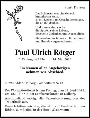 Anzeige von Paul Ulrich Rötger von Westfälische Nachrichten