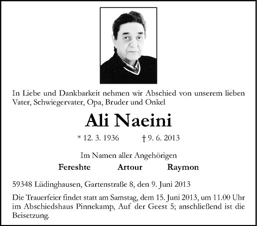  Traueranzeige für Ali Naeini vom 13.06.2013 aus Westfälische Nachrichten