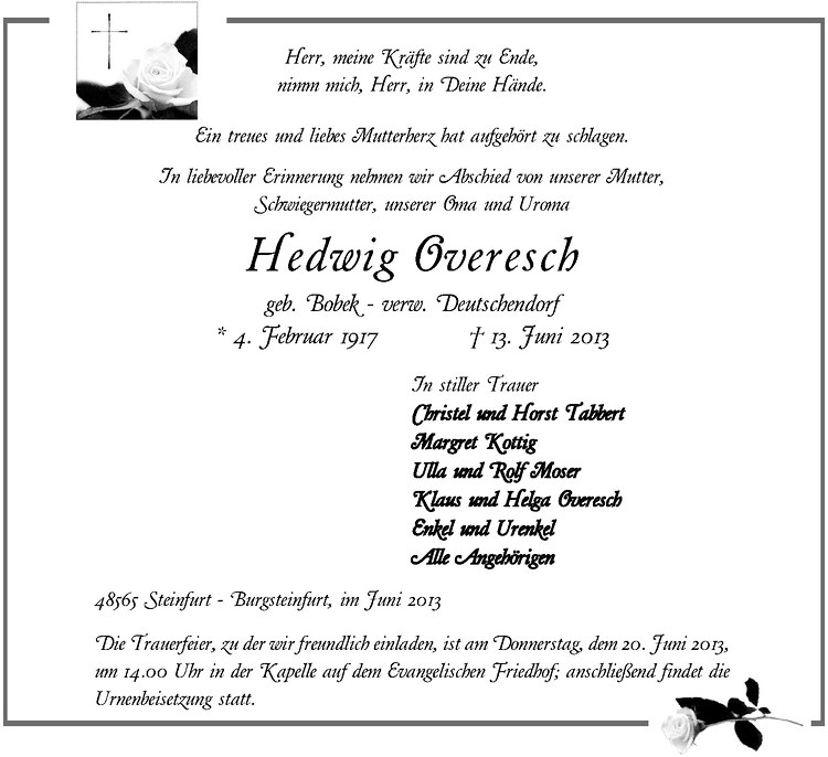  Traueranzeige für Hedwig Overesch vom 18.06.2013 aus Westfälische Nachrichten