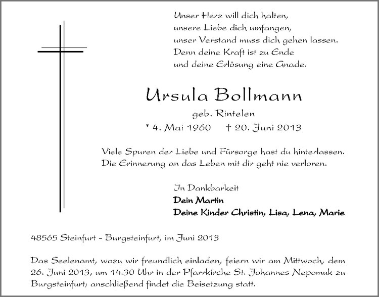  Traueranzeige für Ursula Bollmann vom 22.06.2013 aus Westfälische Nachrichten