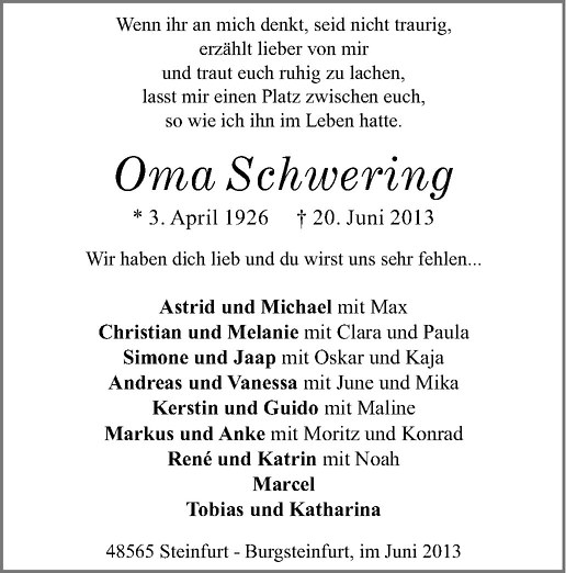  Traueranzeige für Hilde Schwering vom 25.06.2013 aus Westfälische Nachrichten