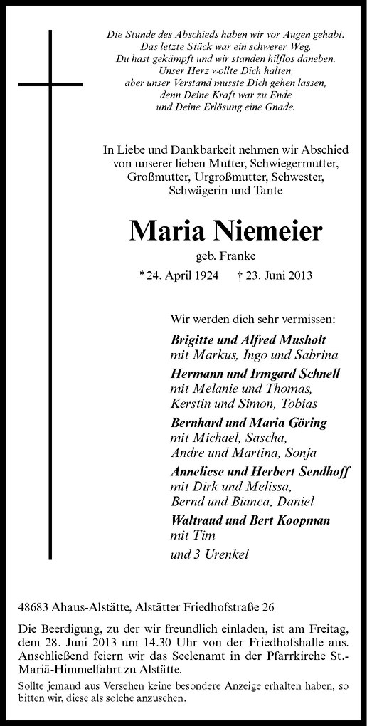  Traueranzeige für Maria Niemeier vom 25.06.2013 aus Westfälische Nachrichten
