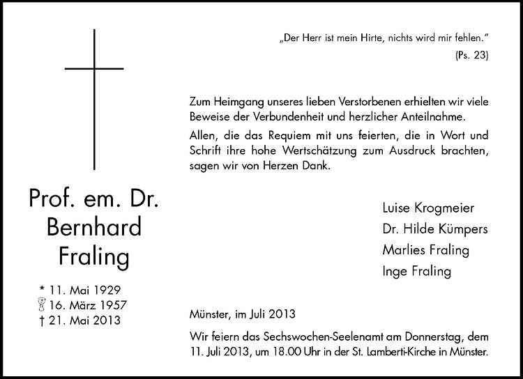 Traueranzeige für Bernhard Fraling vom 06.07.2013 aus Westfälische Nachrichten