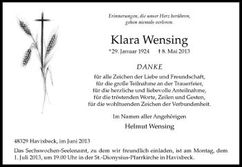 Anzeige von Klara Wensing von Westfälische Nachrichten