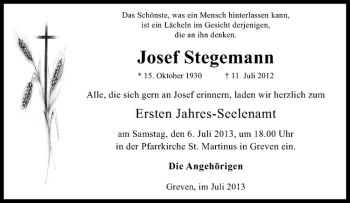 Anzeige von Josef Stegemann von Westfälische Nachrichten
