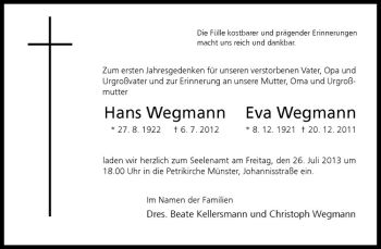 Anzeige von Eva Wegmann von Westfälische Nachrichten