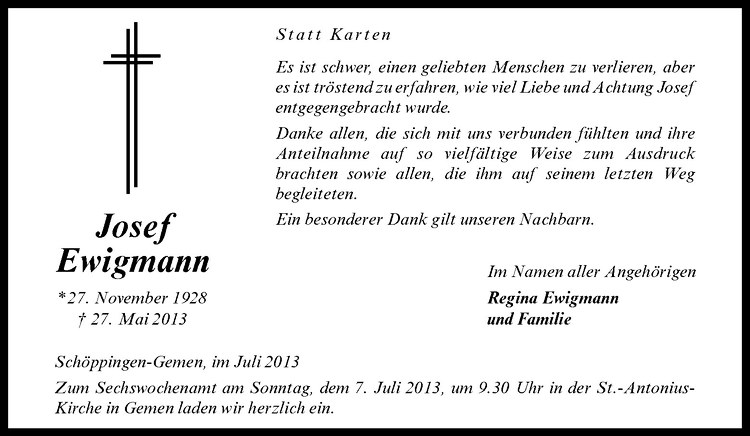  Traueranzeige für Josef Ewigmann vom 03.07.2013 aus Westfälische Nachrichten