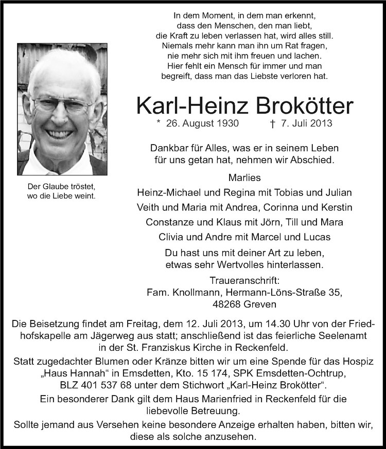  Traueranzeige für Karl-Heinz Brokötter vom 10.07.2013 aus Westfälische Nachrichten