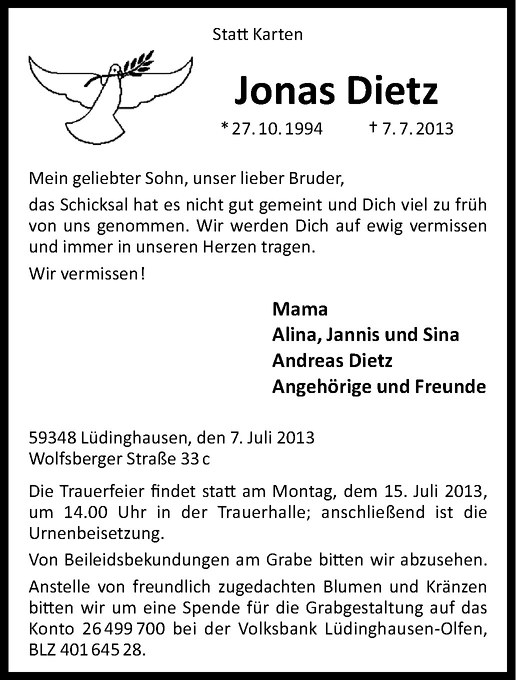  Traueranzeige für Jonas Dietz vom 11.07.2013 aus Westfälische Nachrichten
