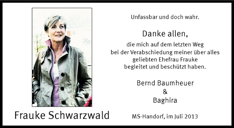  Traueranzeige für Frauke Schwarzwald vom 13.07.2013 aus Westfälische Nachrichten
