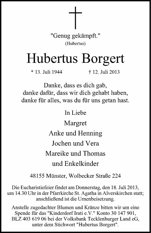  Traueranzeige für Hubertus Borgert vom 15.07.2013 aus Westfälische Nachrichten