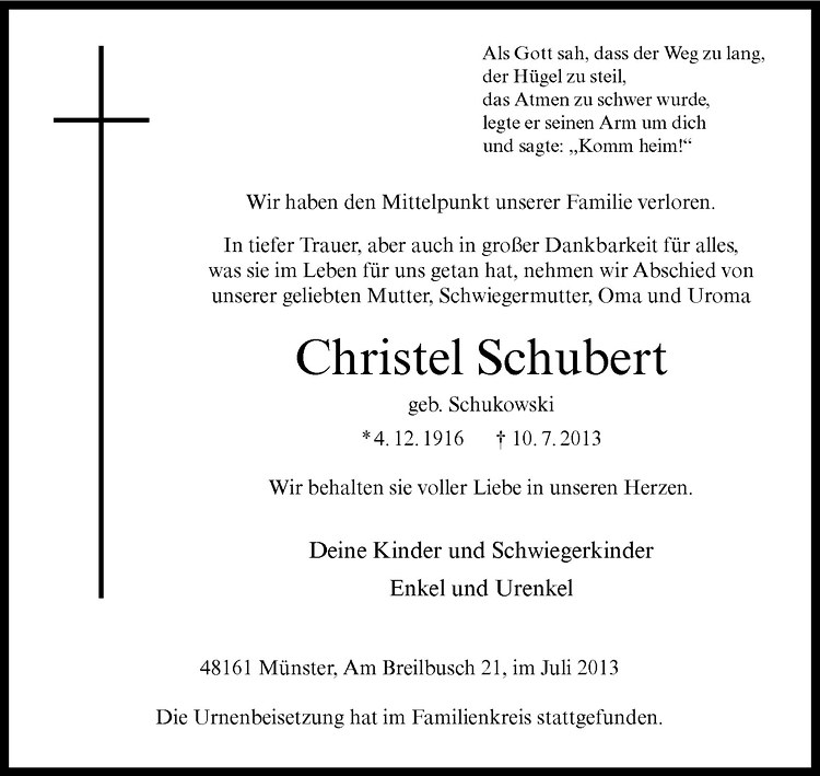  Traueranzeige für Christel Schubert vom 20.07.2013 aus Westfälische Nachrichten