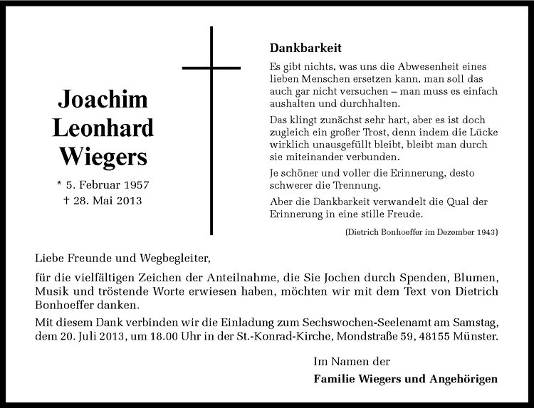  Traueranzeige für Joachim Leonhard Wiegers vom 17.07.2013 aus Westfälische Nachrichten