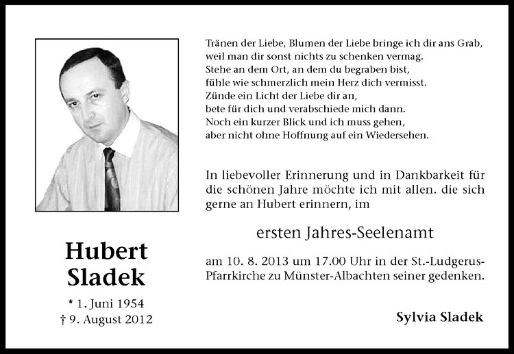  Traueranzeige für Hubert Sladek vom 03.08.2013 aus Westfälische Nachrichten