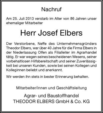 Anzeige von Josef Elbers von Westfälische Nachrichten