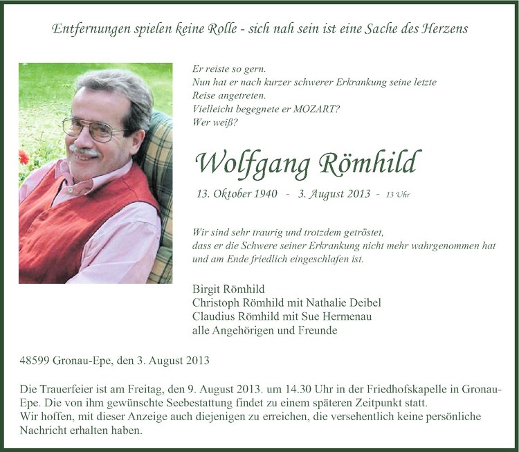  Traueranzeige für Wolfgang Römhild vom 06.08.2013 aus Westfälische Nachrichten