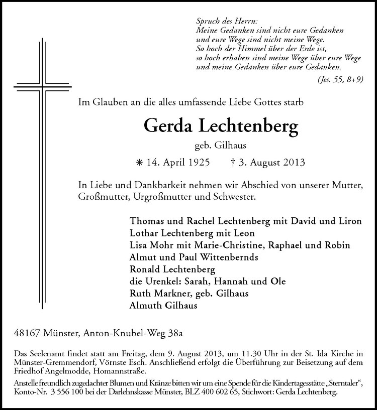  Traueranzeige für Gerda Lechtenberg vom 07.08.2013 aus Westfälische Nachrichten
