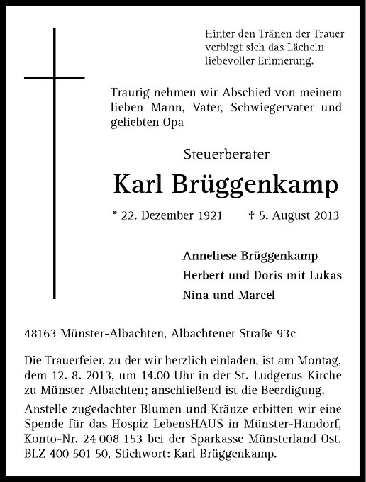  Traueranzeige für Karl Brüggenkamp vom 08.08.2013 aus Westfälische Nachrichten