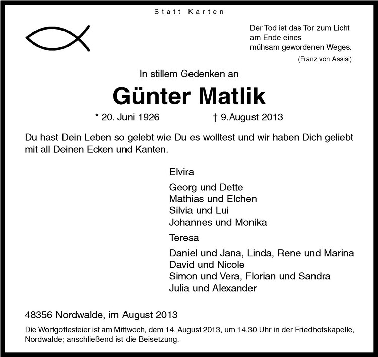 Traueranzeige für Günter Matlik vom 12.08.2013 aus Westfälische Nachrichten