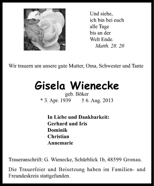  Traueranzeige für Gisela Wienecke vom 12.08.2013 aus Westfälische Nachrichten