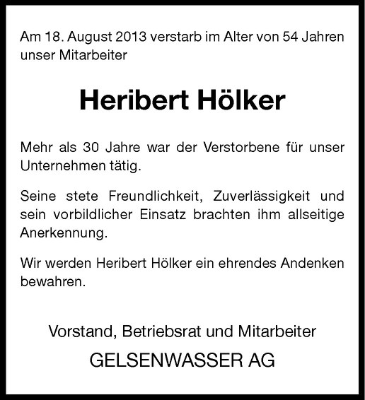  Traueranzeige für Heribert Hölker vom 21.08.2013 aus Westfälische Nachrichten