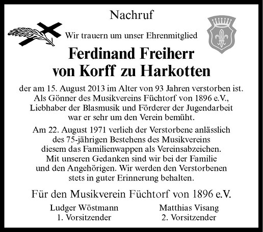  Traueranzeige für Ferdinand Maria Josef Michael Hubertus Johannes Georg Freiherr von Korff zu Harkotten vom 21.08.2013 aus Westfälische Nachrichten
