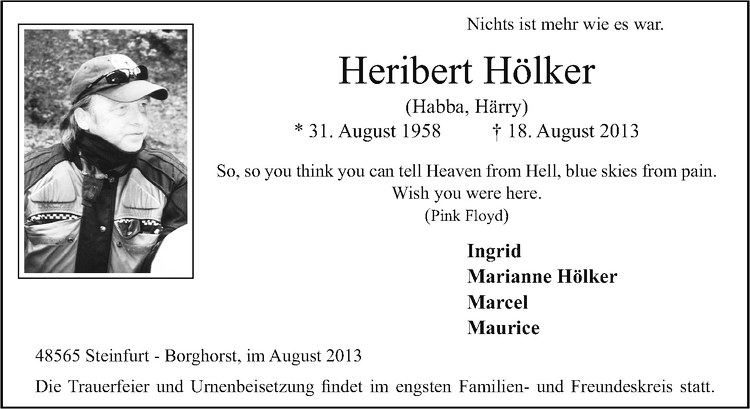  Traueranzeige für Heribert Hölker vom 24.08.2013 aus Westfälische Nachrichten