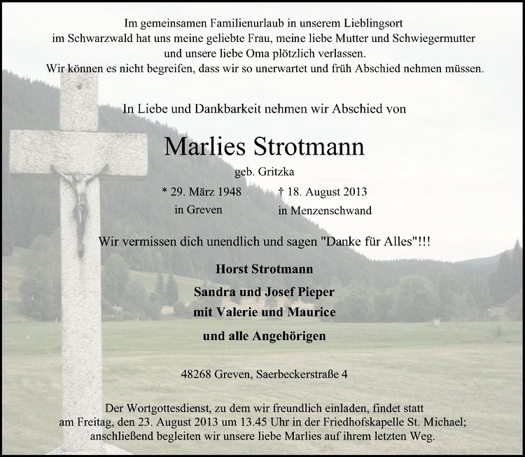  Traueranzeige für Marlies Strotmann vom 21.08.2013 aus Westfälische Nachrichten