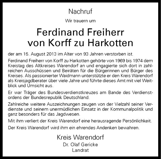  Traueranzeige für Ferdinand Maria Josef Michael Hubertus Johannes Georg Freiherr von Korff zu Harkotten vom 21.08.2013 aus Westfälische Nachrichten