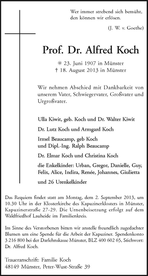  Traueranzeige für Alfred Koch vom 22.08.2013 aus Westfälische Nachrichten