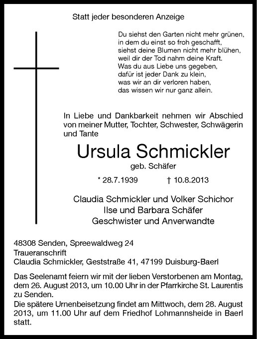 Traueranzeige für Ursula Schmickler vom 22.08.2013 aus Westfälische Nachrichten