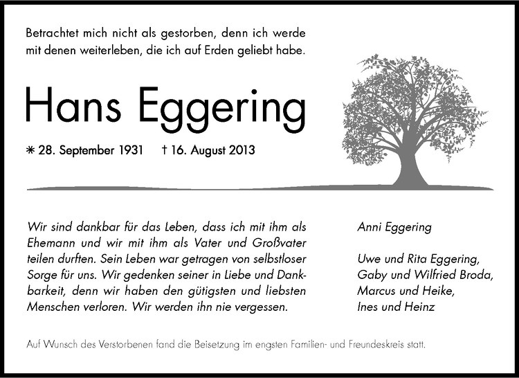  Traueranzeige für Hans Eggering vom 24.08.2013 aus Westfälische Nachrichten