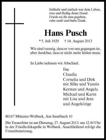 Anzeige von Hans Pusch von Westfälische Nachrichten