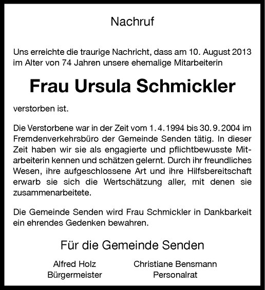  Traueranzeige für Ursula Schmickler vom 24.08.2013 aus Westfälische Nachrichten