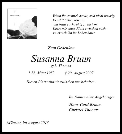  Traueranzeige für Susanna Bruun vom 24.08.2013 aus Westfälische Nachrichten