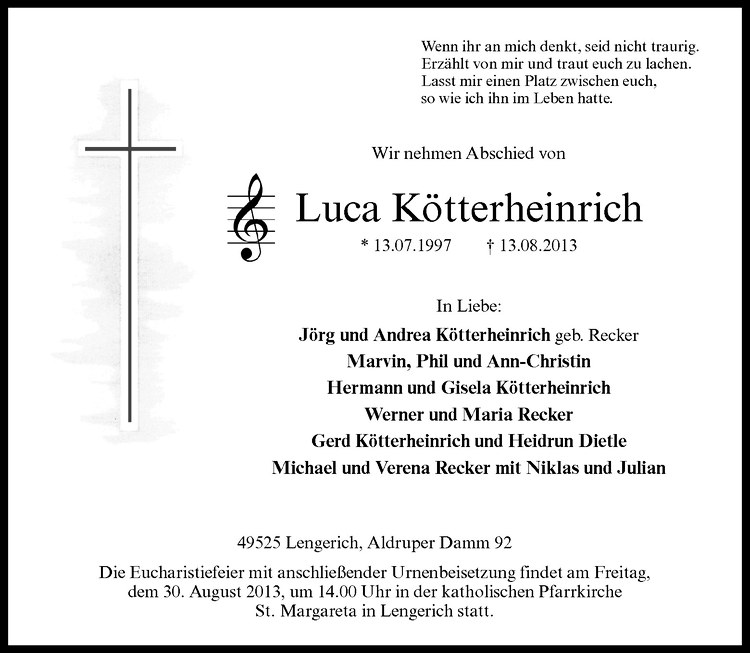  Traueranzeige für Luca Kötterheinrich vom 28.08.2013 aus Westfälische Nachrichten