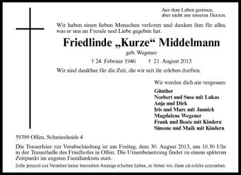 Anzeige von Friedlinde Middelmann von Westfälische Nachrichten
