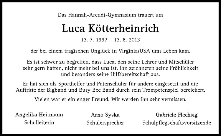  Traueranzeige für Luca Kötterheinrich vom 31.08.2013 aus Westfälische Nachrichten